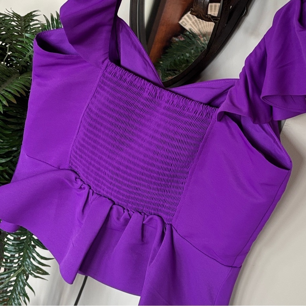 Brand New Express Purple Ruffle Crop Top Smocked Stretch Back Tailored Blouse - Picture 8 of 14